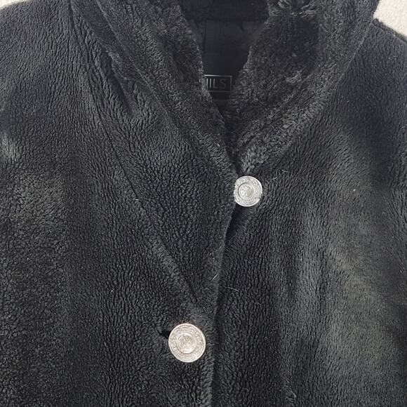 NILS Vintage Hooded Fleece Coat Women’s SZ M Black Long Button Front Lined EUC - Picture 6 of 16